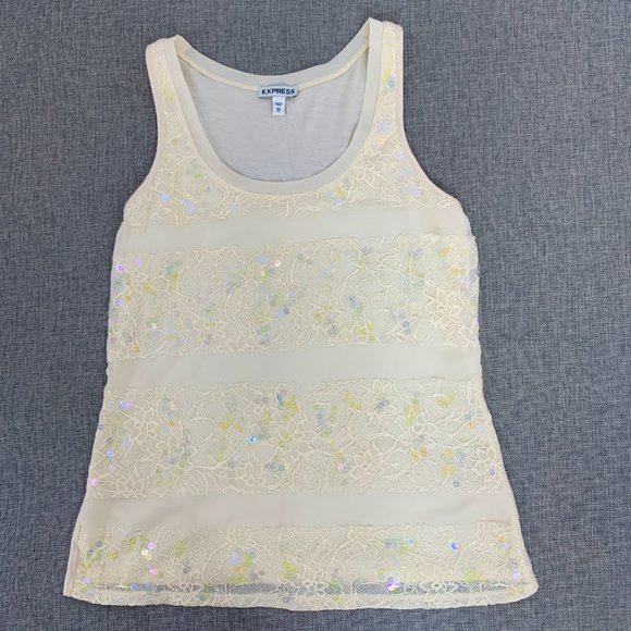 Express Ivory Sequin‎ Tank Top Floral Lace Detail XS Scoop Neckline Cotton Poly - Picture 1 of 12